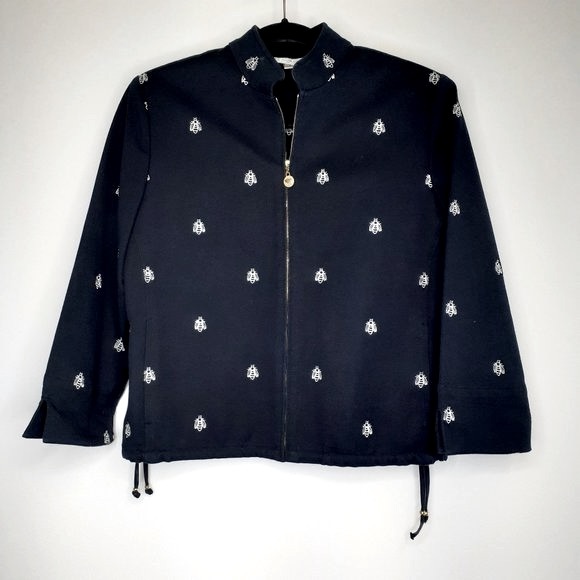 ST JOHN SPORT Couture Black Zip Jacket w Bee Motif